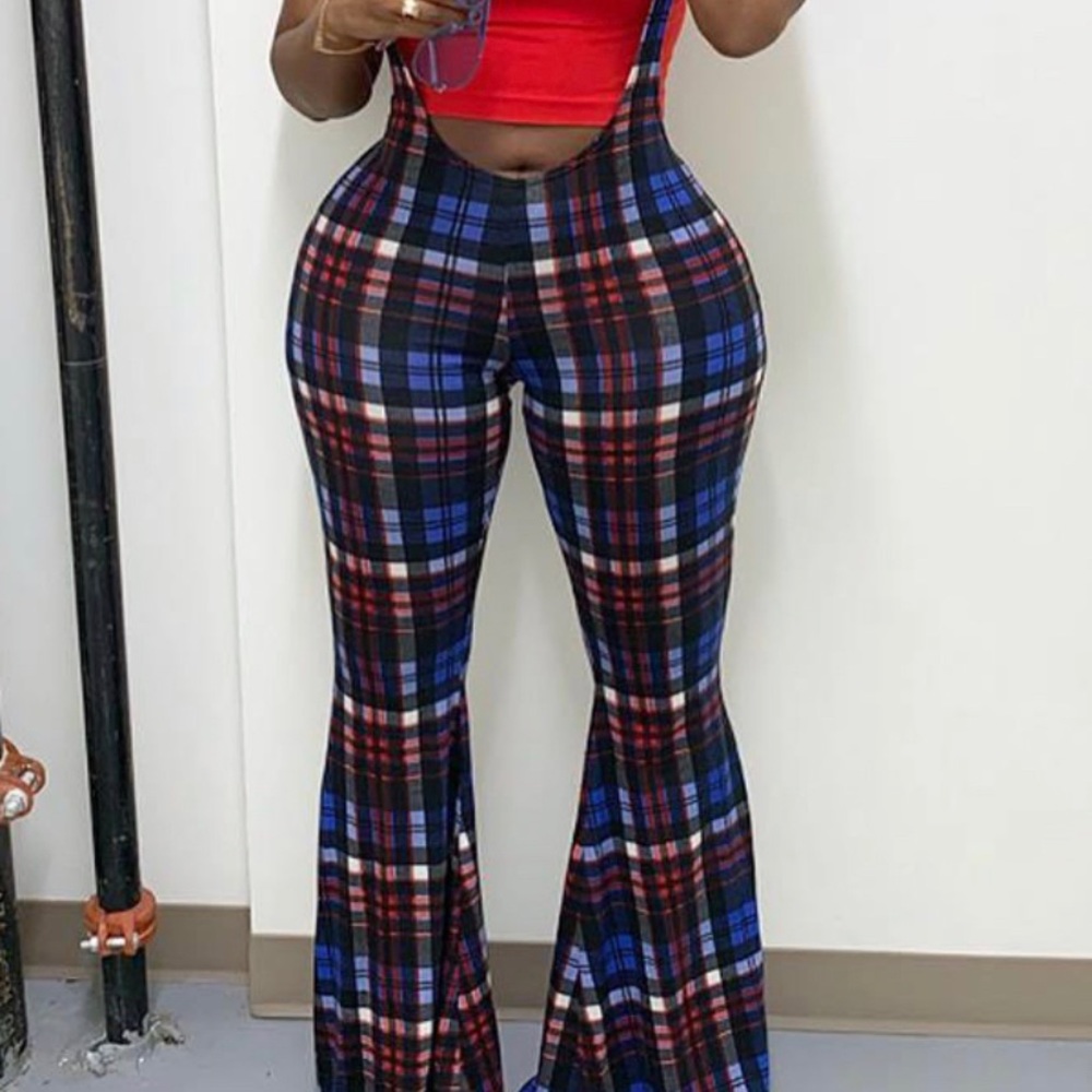 Checkered Flare Leg Overalls/Jumpsuit